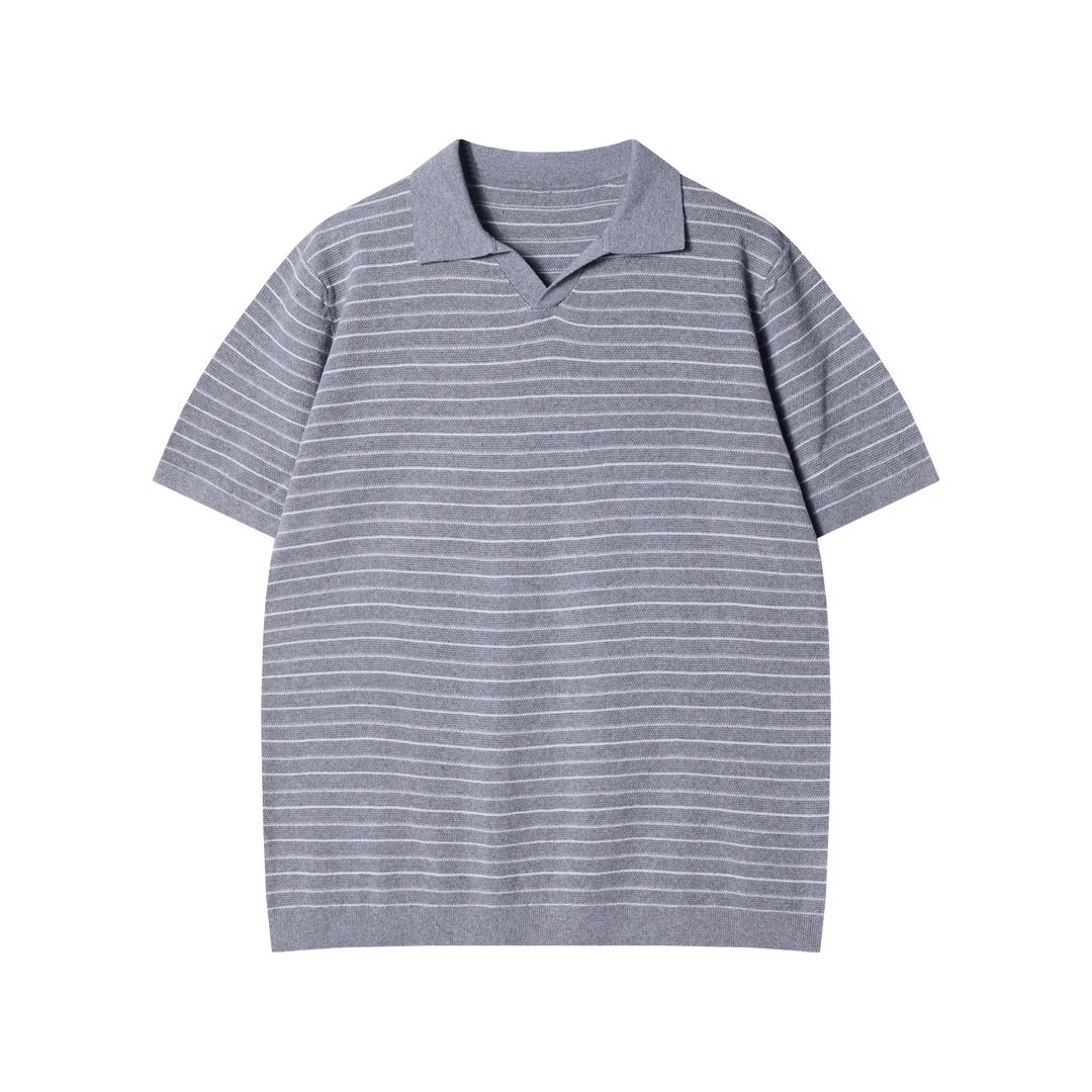 夏季新款时尚个性韩版条纹小V翻领短袖T恤百搭简约百搭情侣上衣