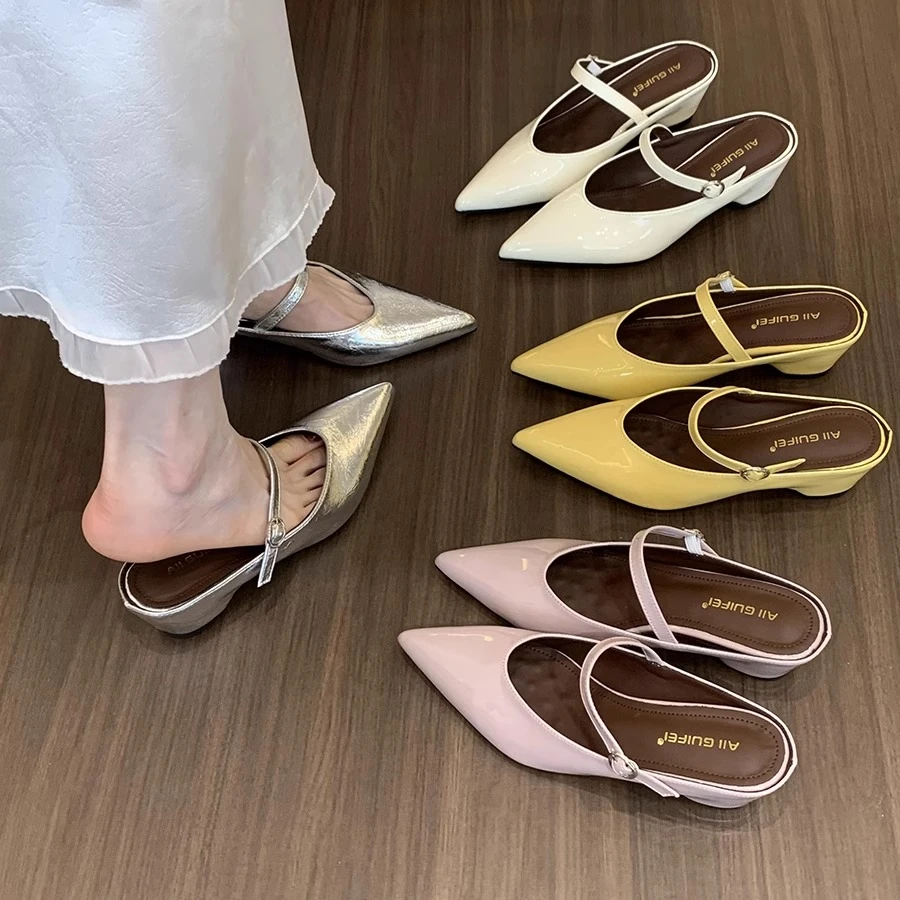 粗跟厚底尖头玛丽珍银色单鞋女2025春夏季新款法式气质包头半拖鞋