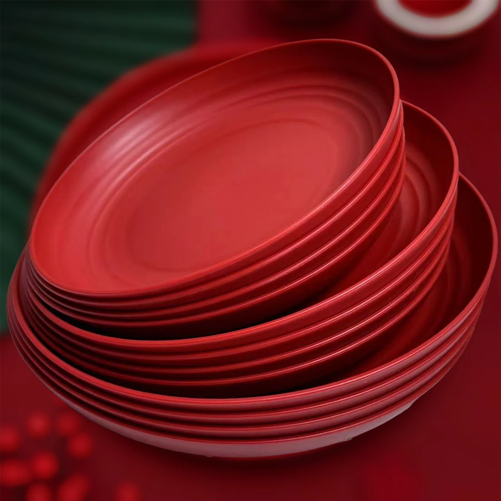 比稻壳耐高温一次性餐盘可降解环保过年盘子食品级餐具喜事红盘子