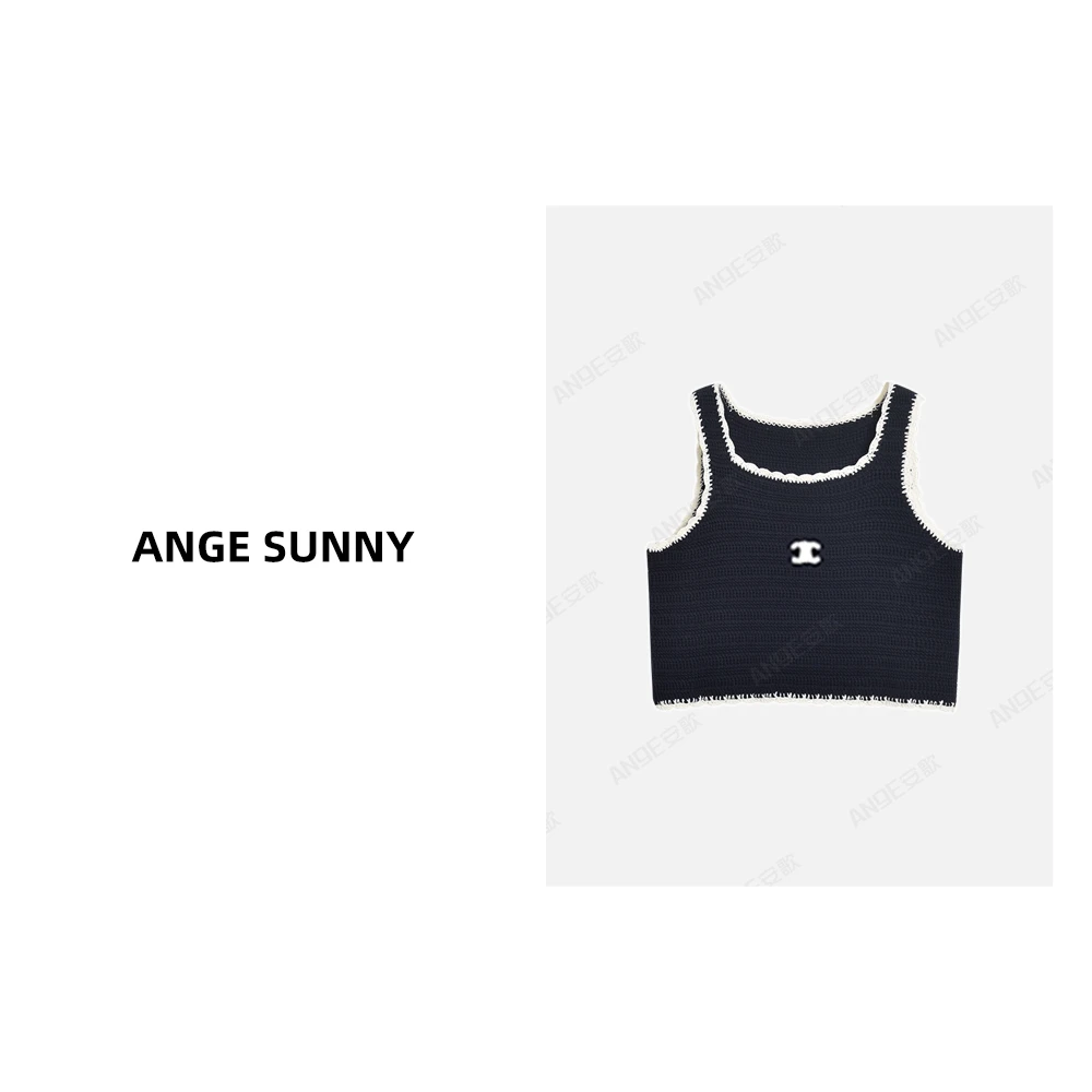 ANGE SUNNY【凯旋门钩花针织背心】撞色花边无袖吊带上衣