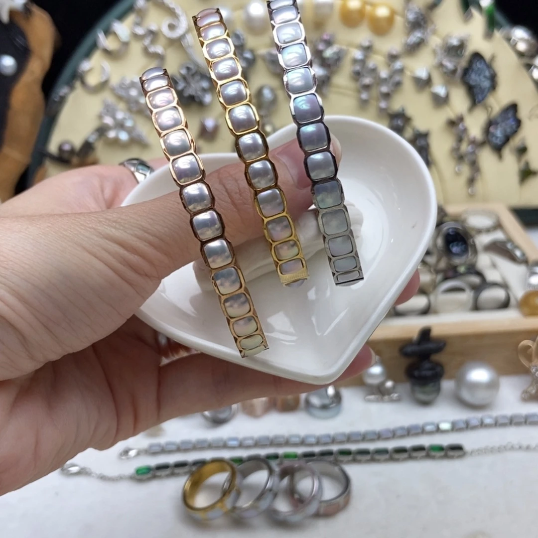 画框钛钢淡水珍珠满珠贵妃手镯