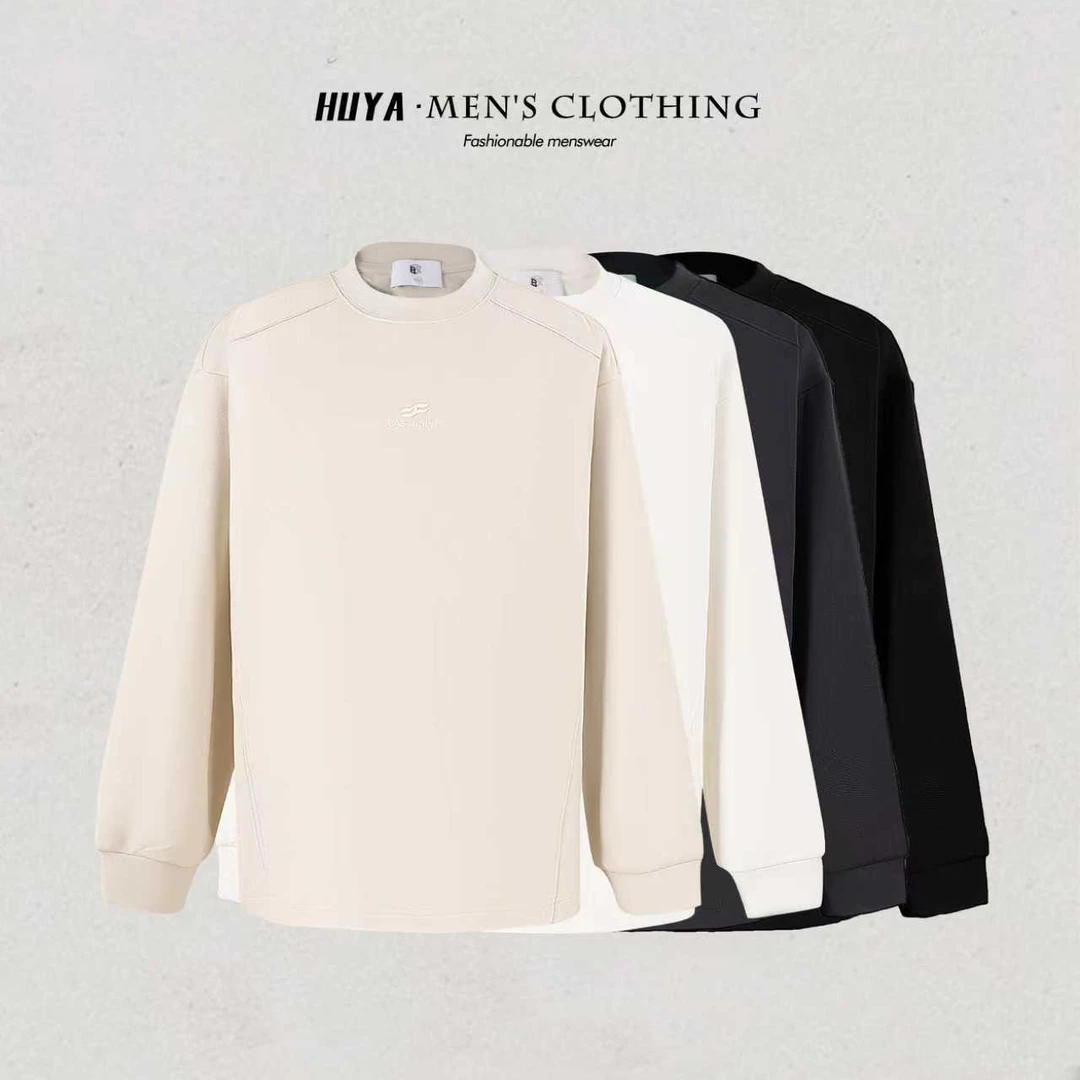 /虎牙兄弟/冬圆领纯色长袖拼接休闲透气刺绣打底衫T恤上衣男W212