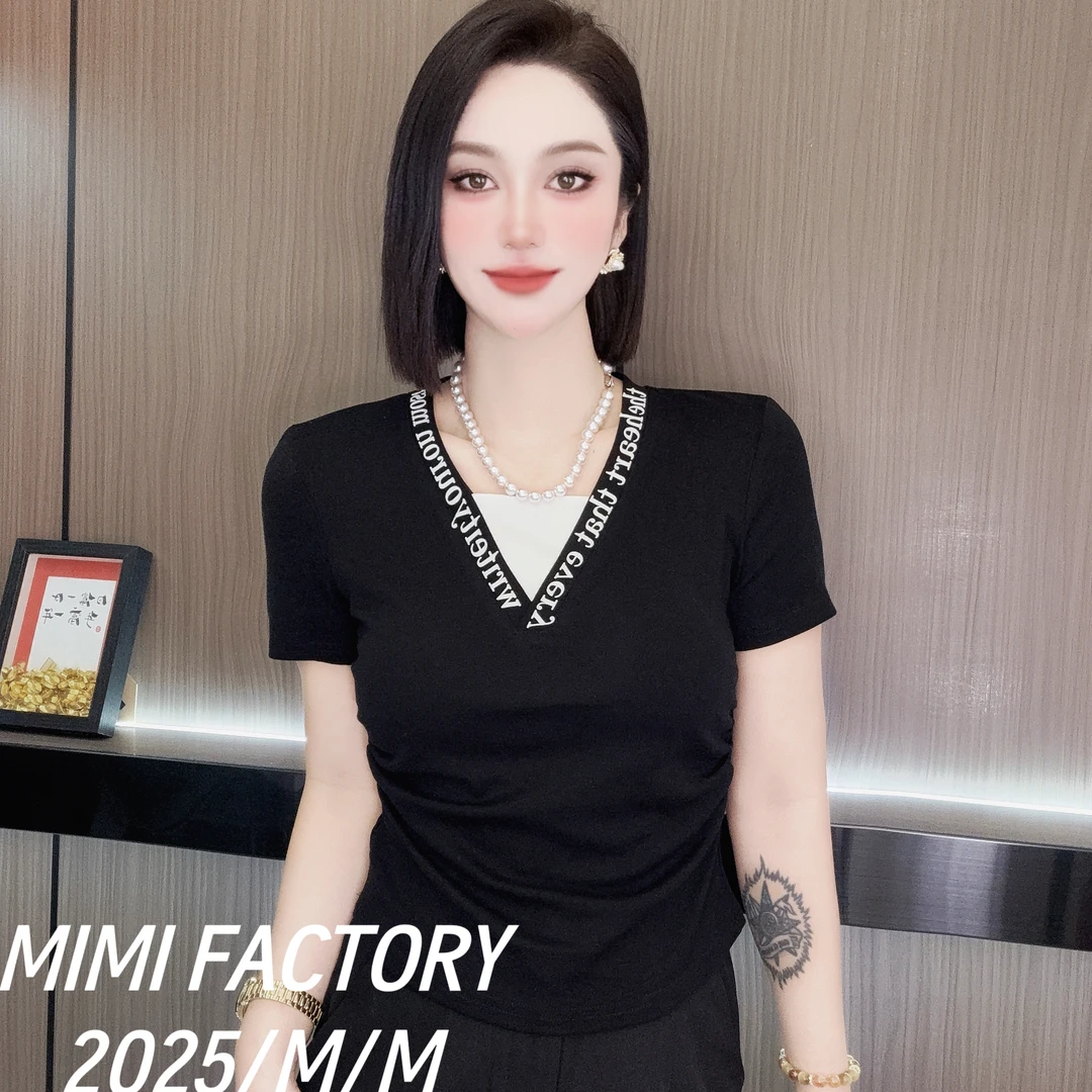 芈芈 2025夏季新款 V领重工假两件短袖T恤女修身显瘦上衣3826#