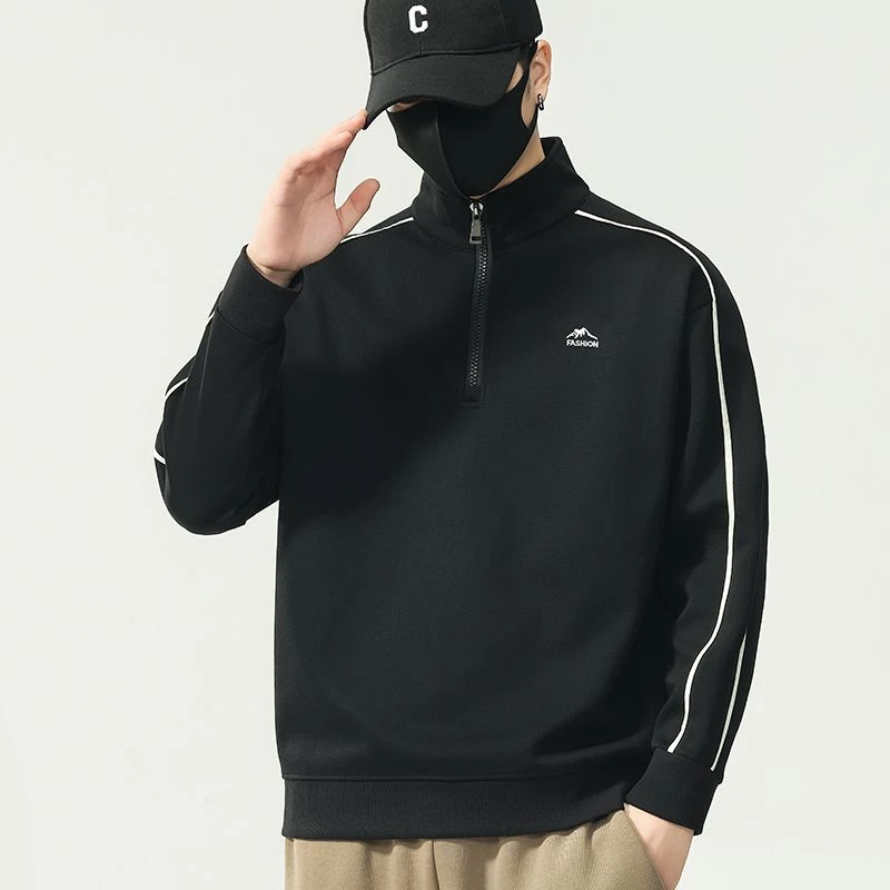 薄款宽松秋季男拉链简约刺绣立领卫衣男士半拉链长袖春秋运动户外