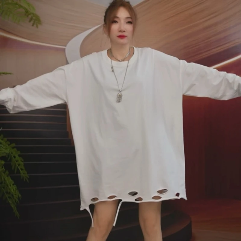 潮牌宽松显瘦纯色破洞简约长袖T恤圆领大版中长款打底衫女jx3852