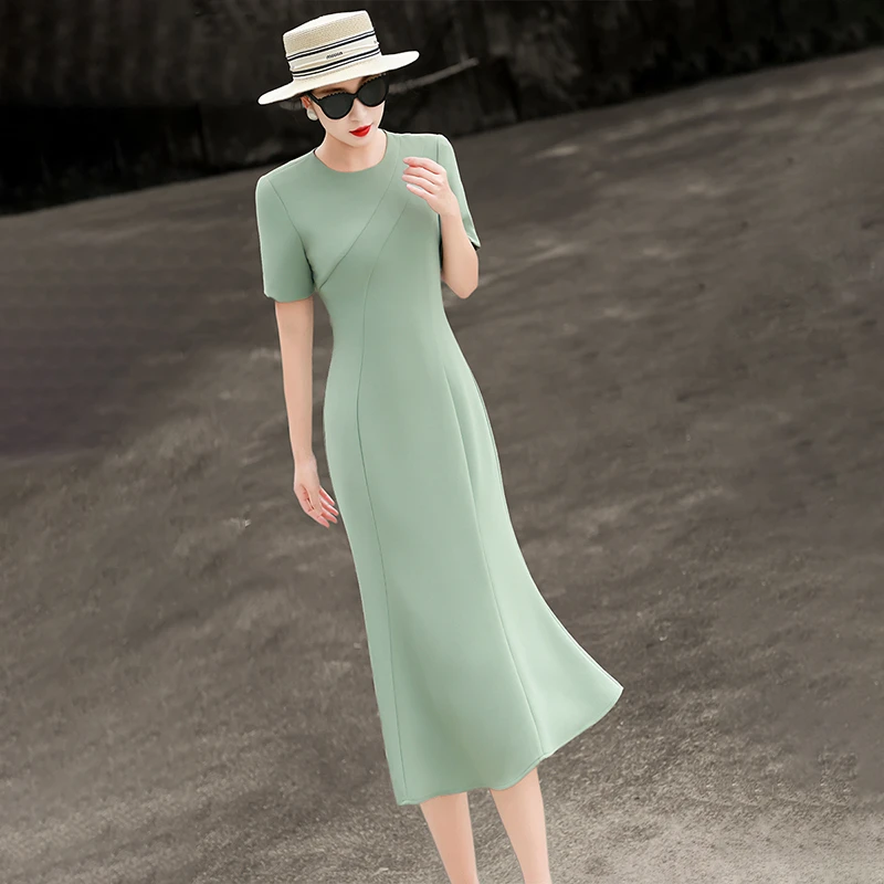 MEXCOCO/兰瑟儿夏季新款高级感通勤修身短袖鱼尾连衣裙105XL9412