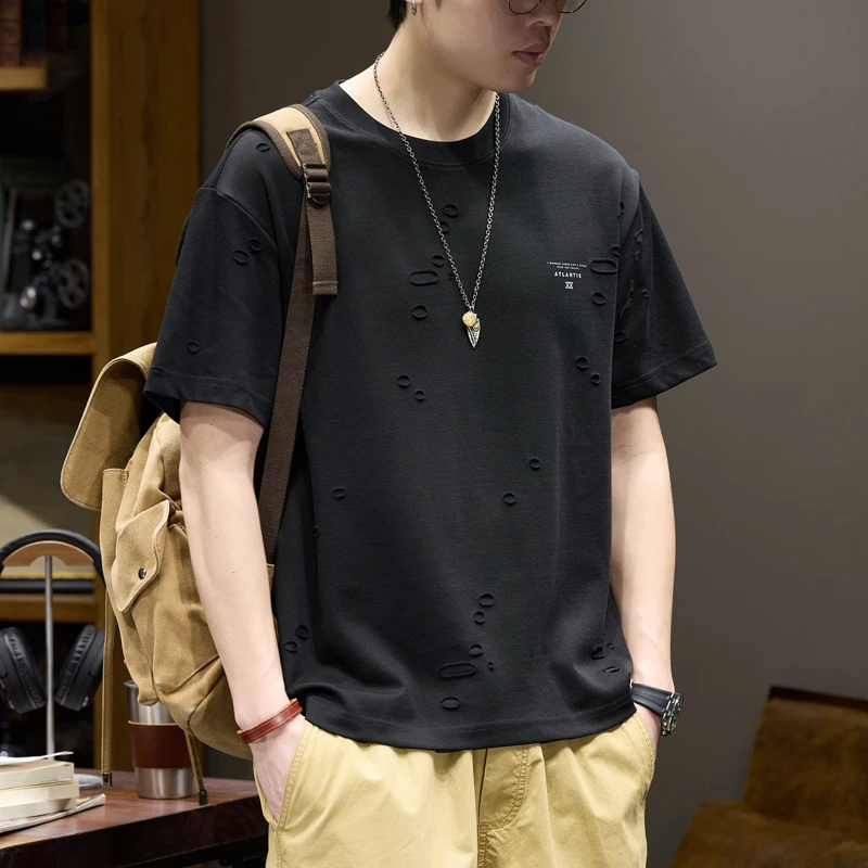 LEIGHZ/雷茨短袖t恤男士简约印花上衣夏季2025新款宽松圆领体恤衫