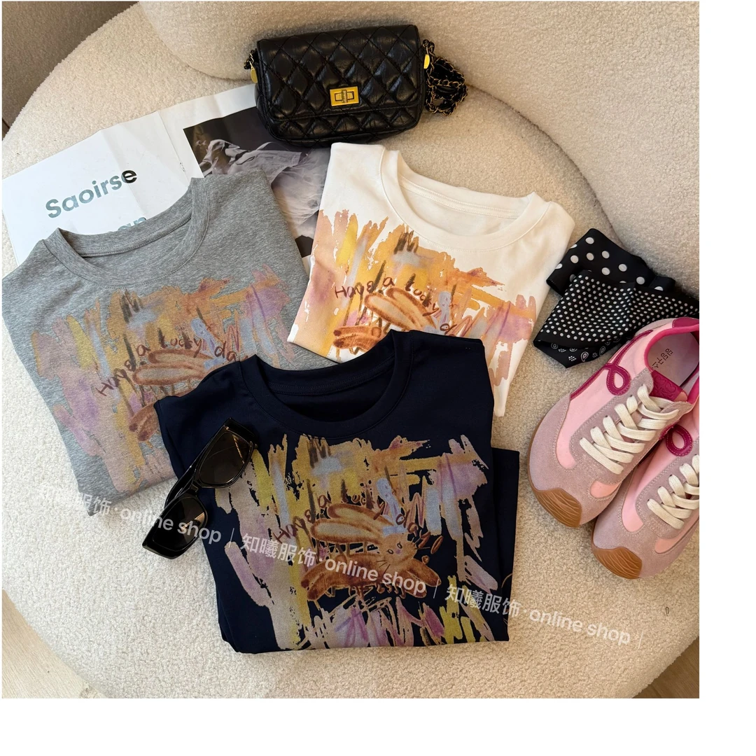 6397【彩绘兔】2025夏日时尚新款正肩卡通兔子印花百搭休闲上衣T恤