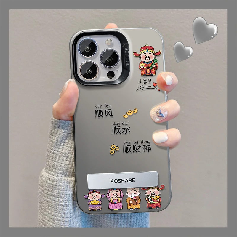 适用苹果13手机壳iphone15顺风顺水顺财神支架14彩银磨砂12高级XR