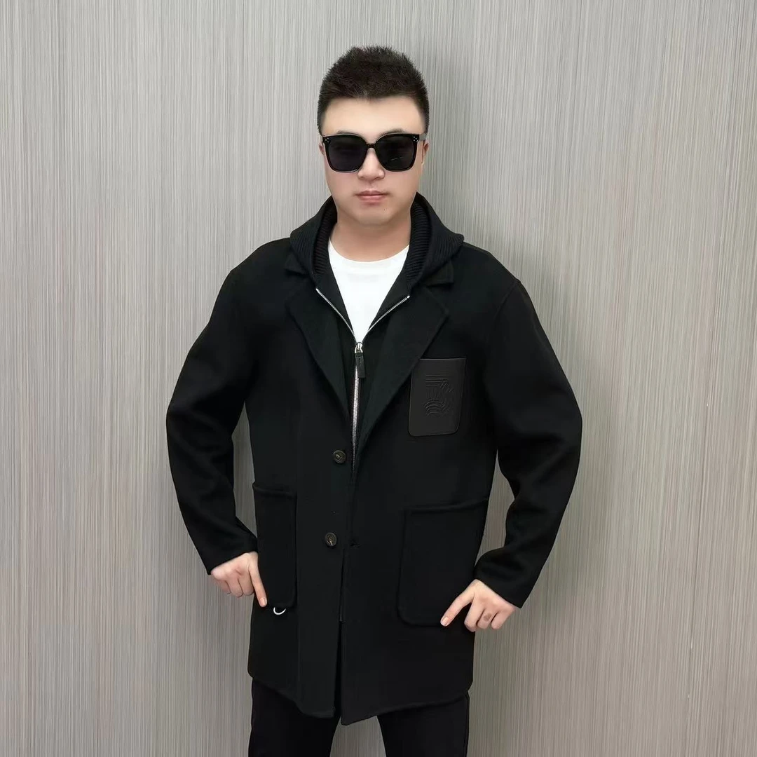 【23075】秋冬美利奴羊毛配绵羊皮双面呢中长款连帽假两件休闲夹克