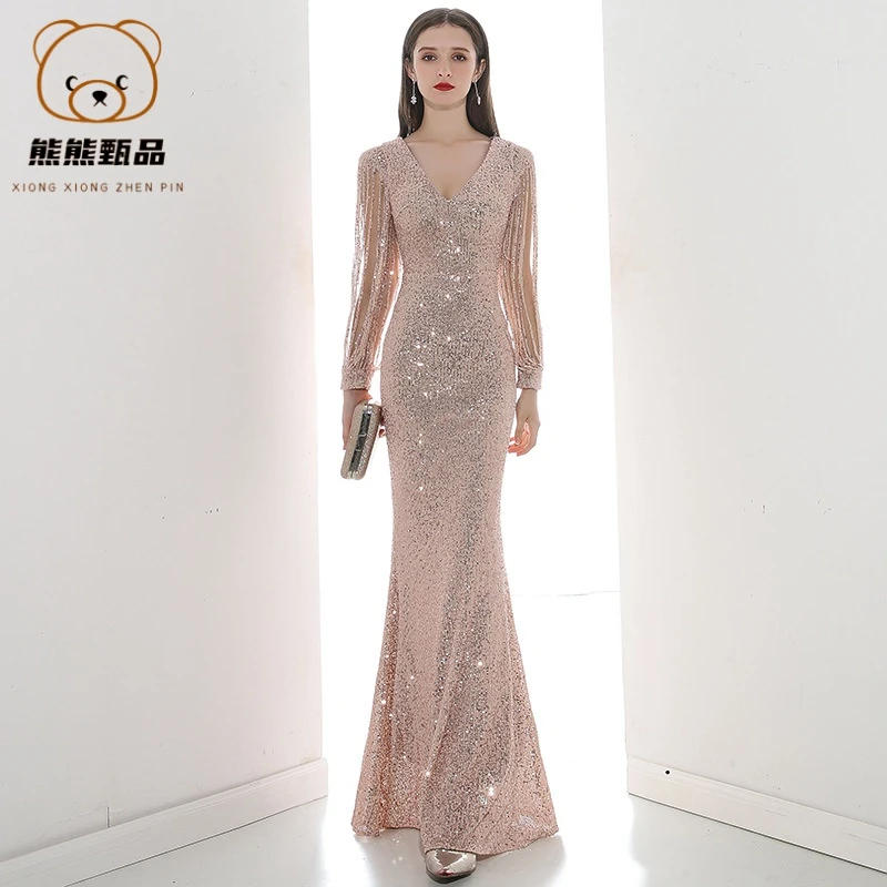 现货晚礼服女宴会香槟色2025新款气质主持人鱼尾长款年会礼服mr