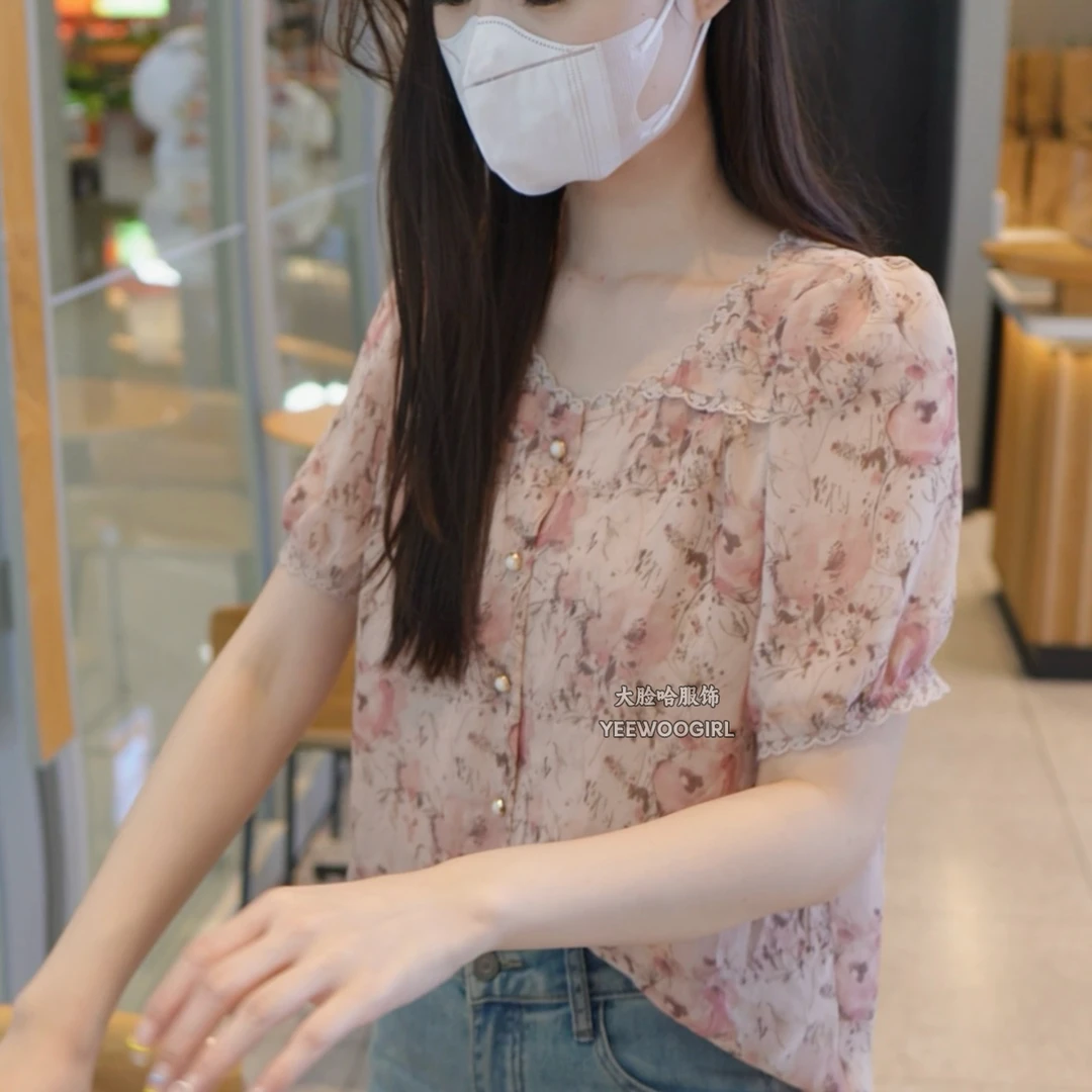 【大脸哈】时尚碎花短袖衬衫女2025年新款夏季漂亮小衫法式浪漫上衣