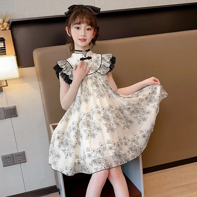 女大童汉服连衣裙夏装2025新款夏季小女孩唐装裙子碎花旗袍公主裙