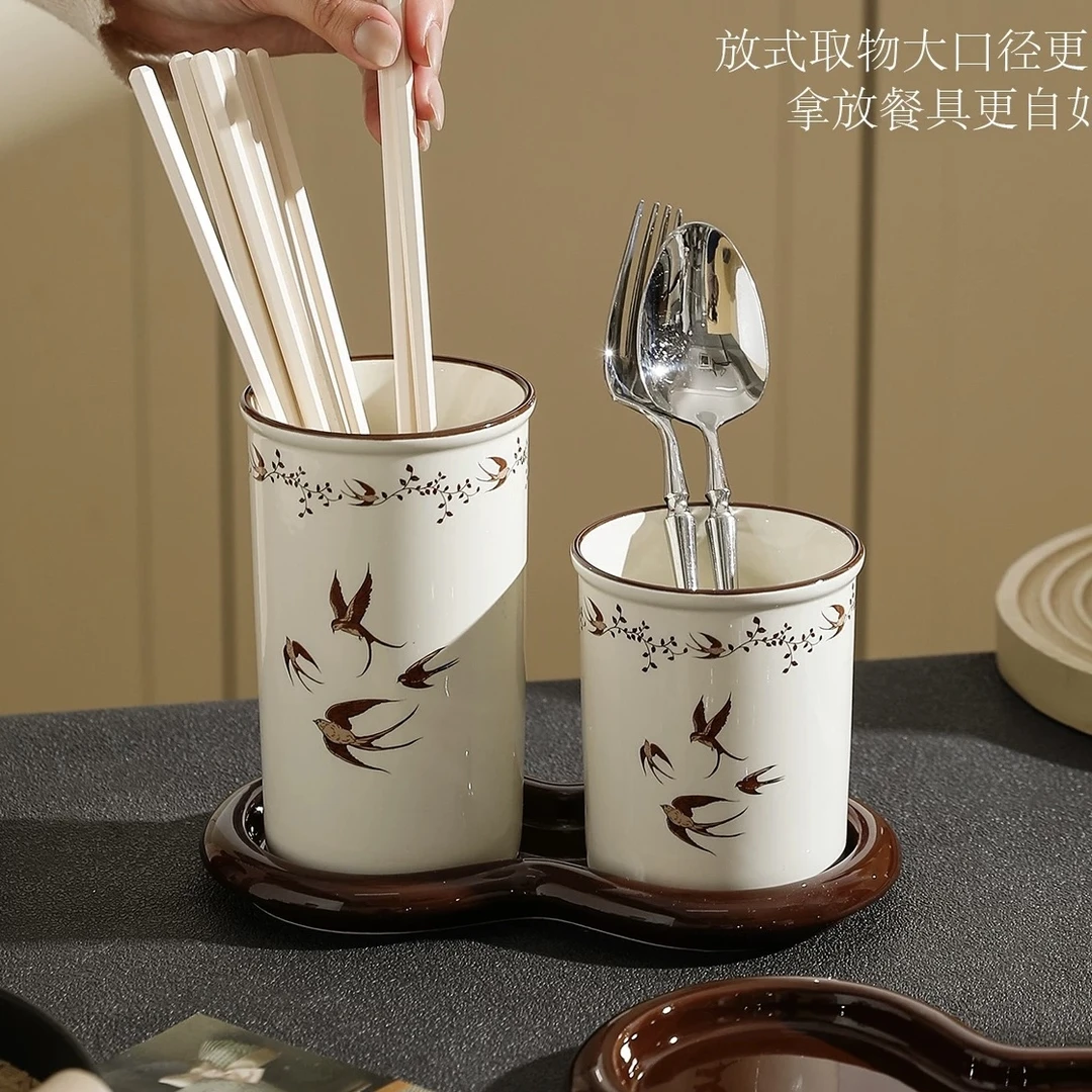 MUEN中古风筷子筒厨房台面收纳盒沥水防霉家用陶瓷筷子笼筷勺架