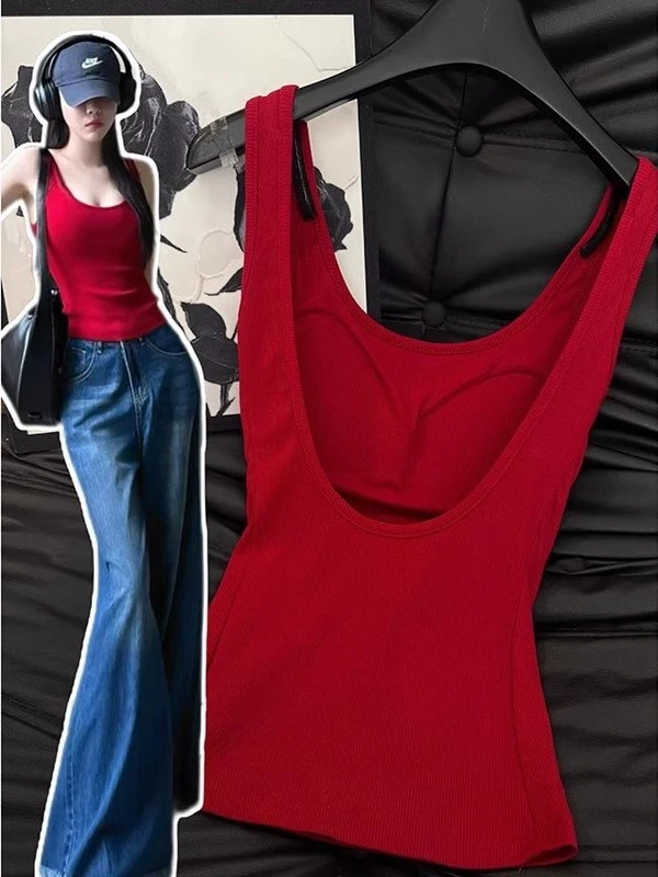 大码胖mm法式红色露背吊带背心女秋冬内搭带胸垫辣妹文胸一体背心