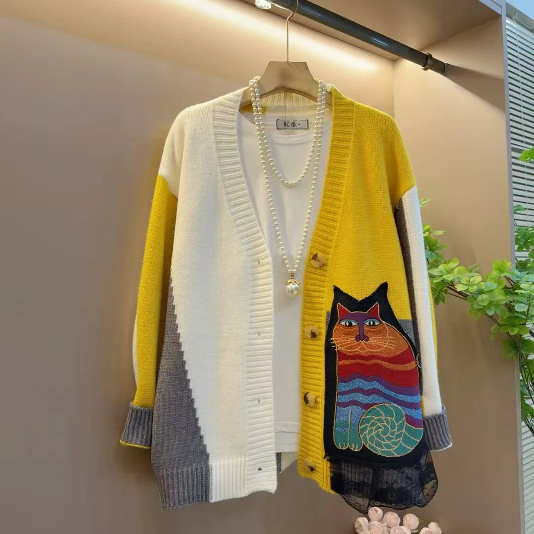 新慵懒风猫咪撞色针织衫时尚百搭开衫上衣（长69左右）
