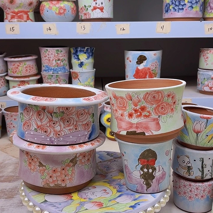 粗陶多肉植物手绘花盆景德镇15晓*