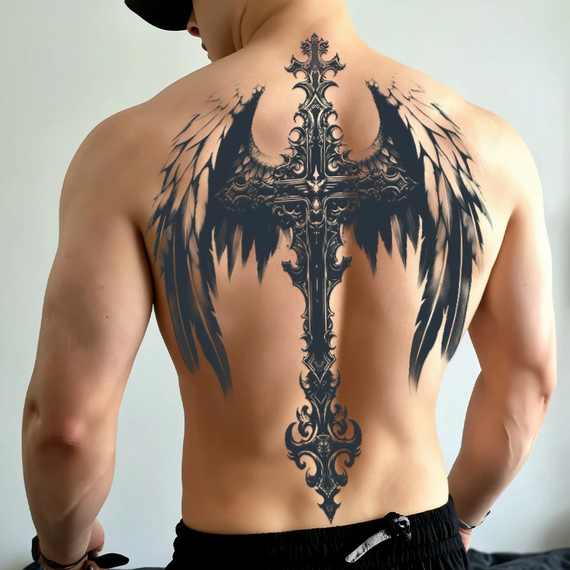 天使之剑满背草本纹身贴纸防水持久半永久大面积高颜值不反光可洗