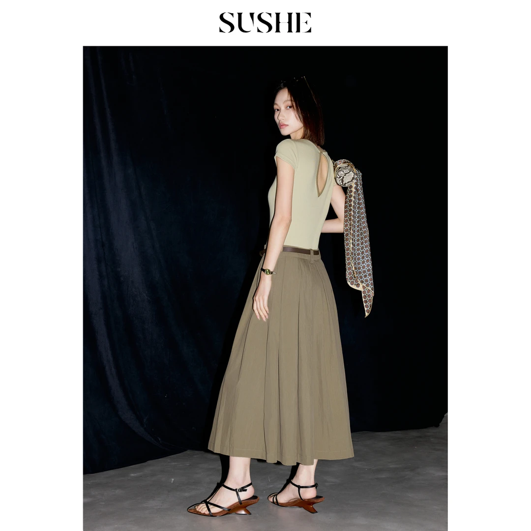 束皙SUSHE 归杳 优雅序章 后背镂空低腰拼接A字伞裙假两件连衣裙