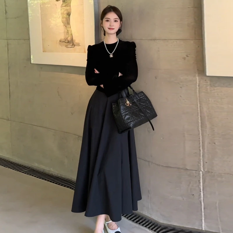 2025新款秋季法式气质高级感连衣裙女收腰显瘦时尚减龄黑色A字裙