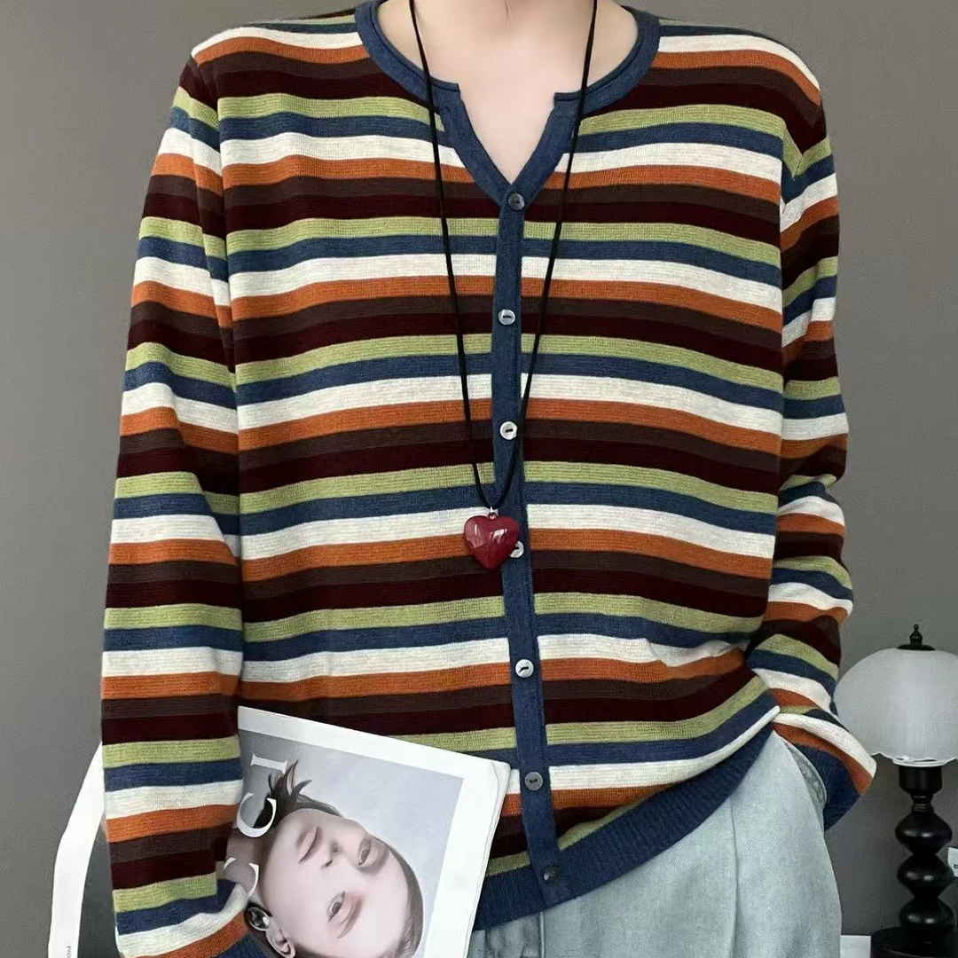 9507新款时尚百搭休闲显瘦条纹宽松长袖女士针织衫
