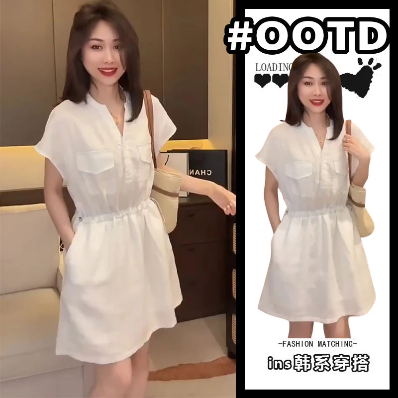 高级感气质炸街减龄V领连衣裙女2025夏季新款抽褶高腰小个子短裙