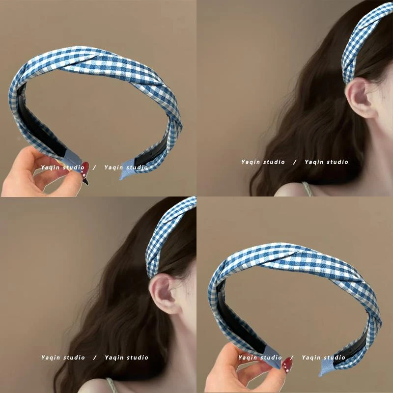 韩系蓝格~麻花窄版发箍！带齿防滑高颅顶发箍压发发卡少女感发饰