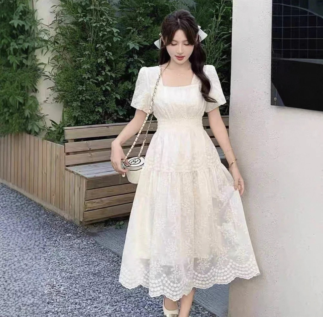 【李姑娘专属】8785法式方领重工提花刺绣连衣裙