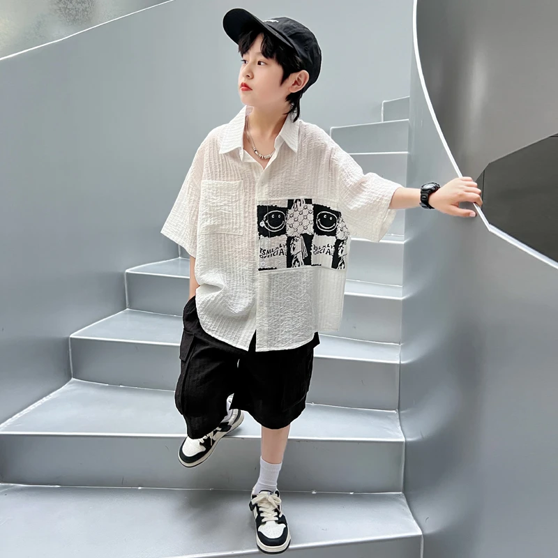 男童夏装衬衫套装2025新款夏季中大童短袖男孩洋气儿童帅气薄款潮