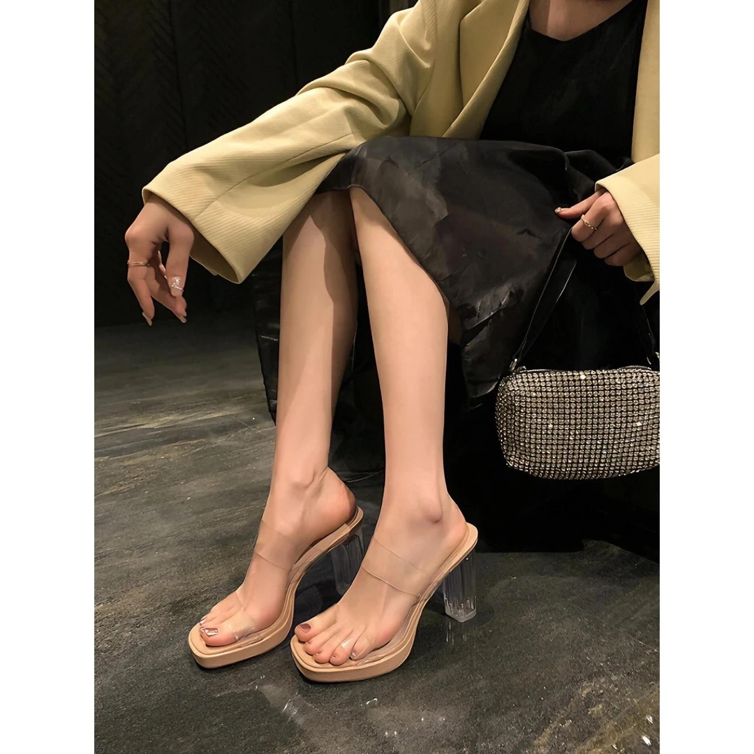 水晶透明高跟鞋女2025夏季防水台粗跟拖凉鞋方头一字带高跟鞋