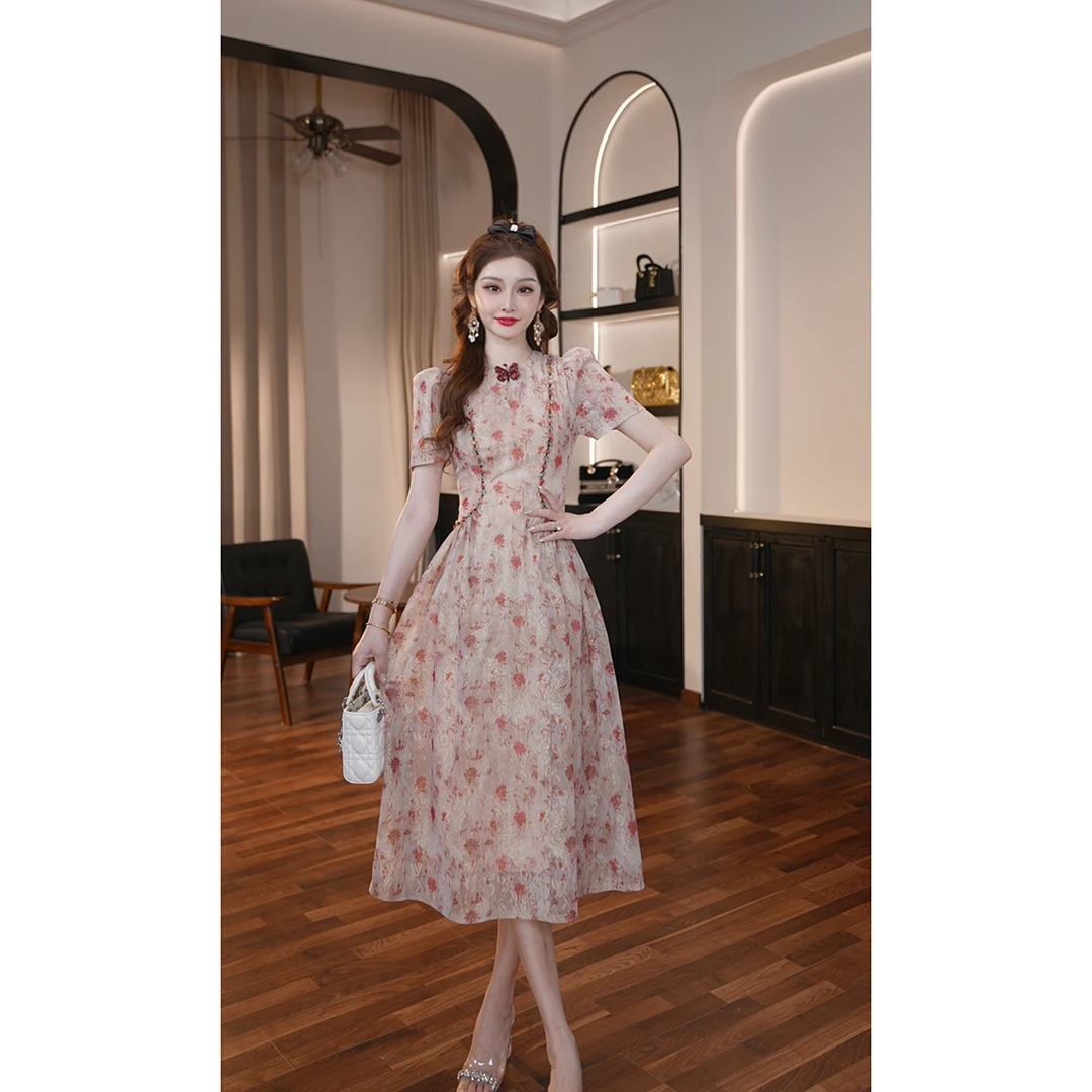 【晚晚定制】新款气质复古优雅碎花收腰捏褶显瘦大摆连衣裙21778