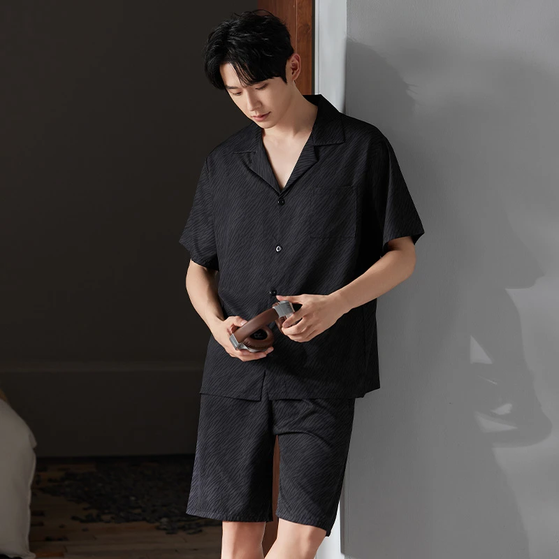 YIHAN-夏季新款睡衣男冰凉感轻弹丝柔软亲肤薄款休闲家居服两件套