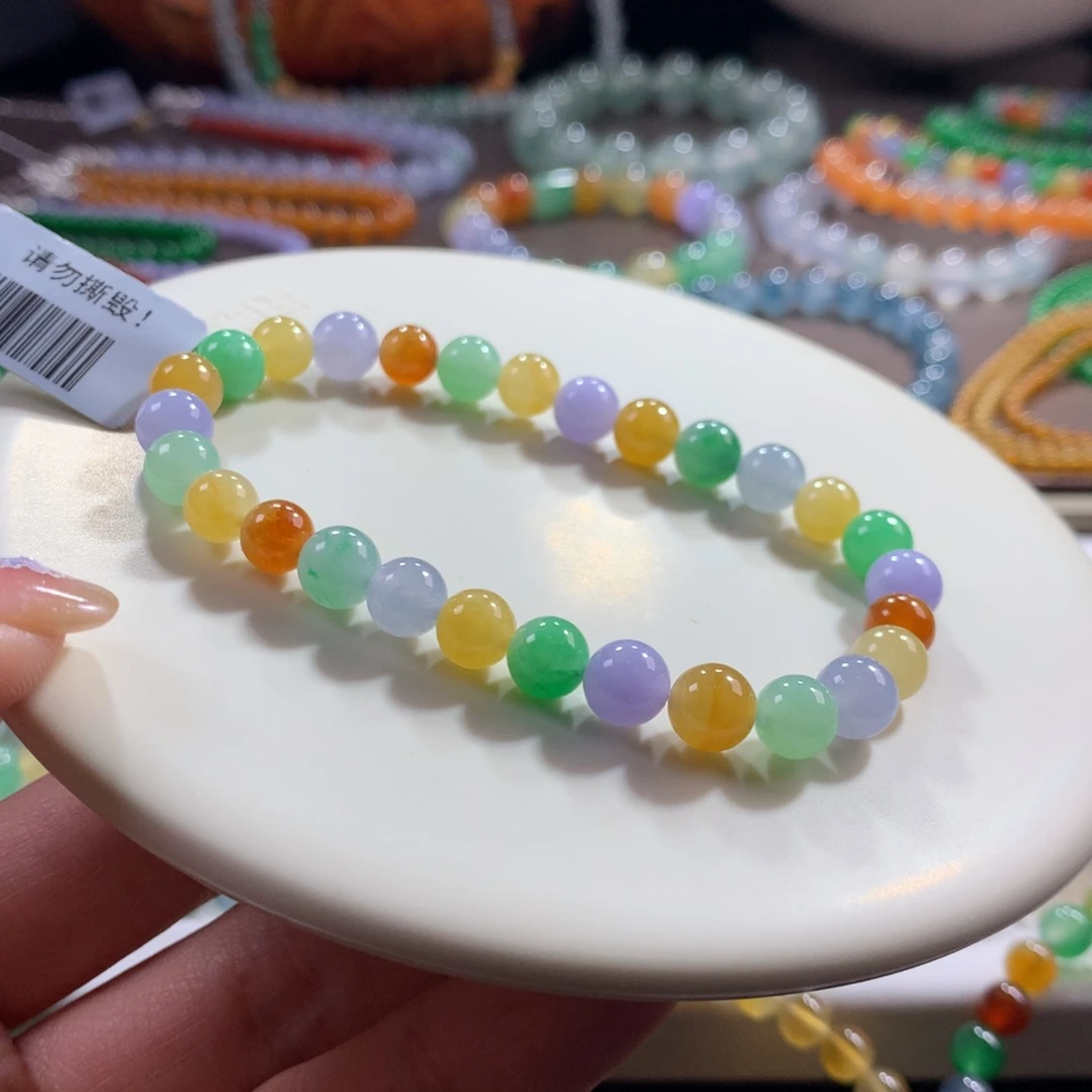 翡翠未镶嵌手链浓艳彩虹圆珠卡6.2-6.8