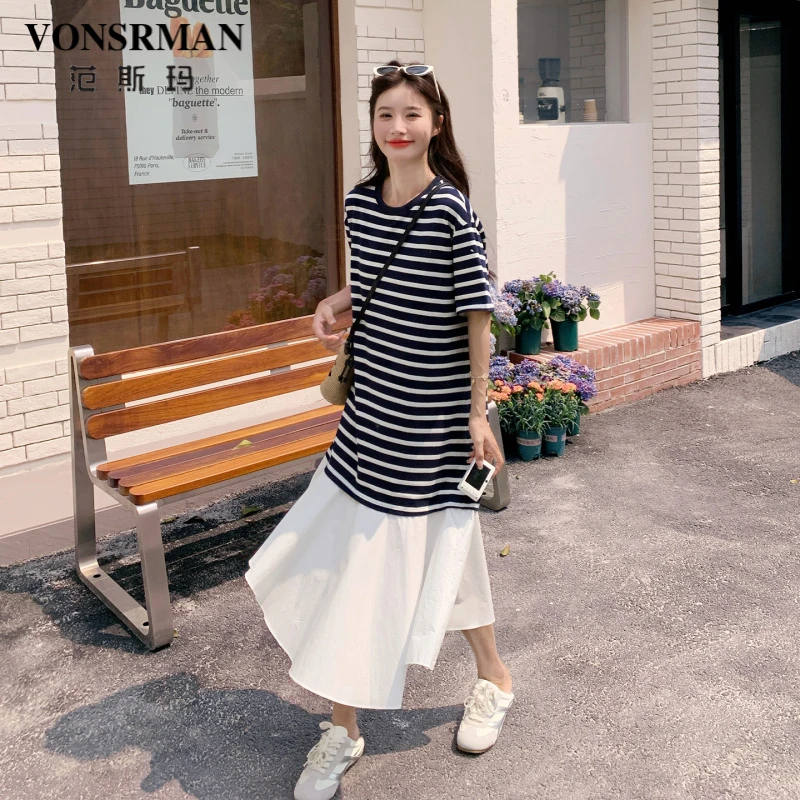 撞色拼接条纹连衣裙女夏季2025新款小个子气质宽松显瘦休闲T恤裙