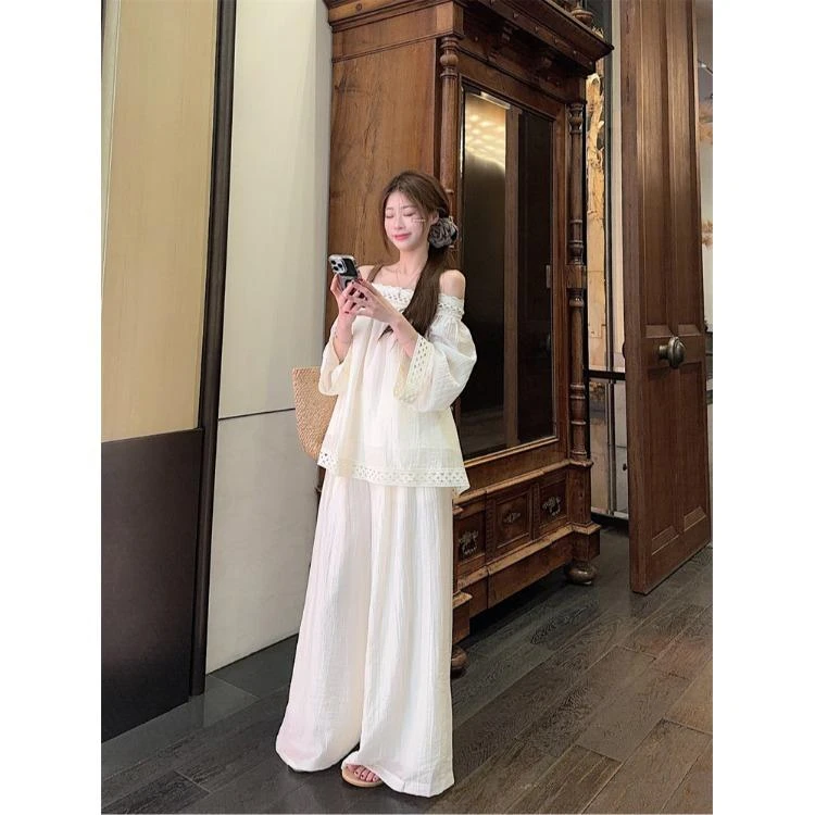 大码胖mm刺绣镂空花边一字肩宽松上衣宽松阔腿长裤夏季甜美套装女