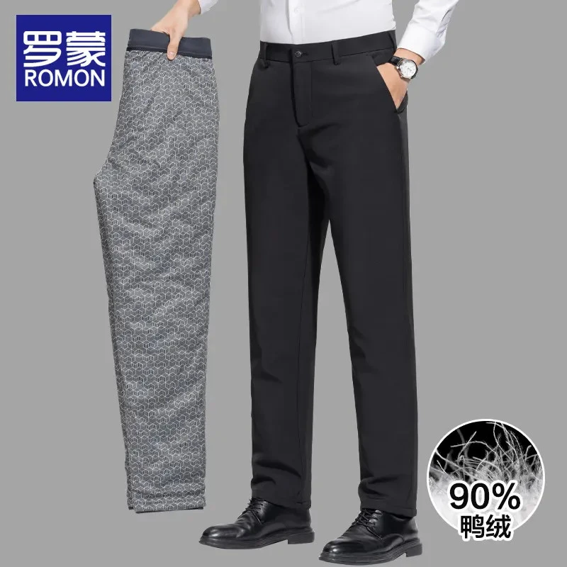罗蒙冬季加厚鸭绒休闲裤男款御寒保暖长裤男士商务直筒羽绒裤子男