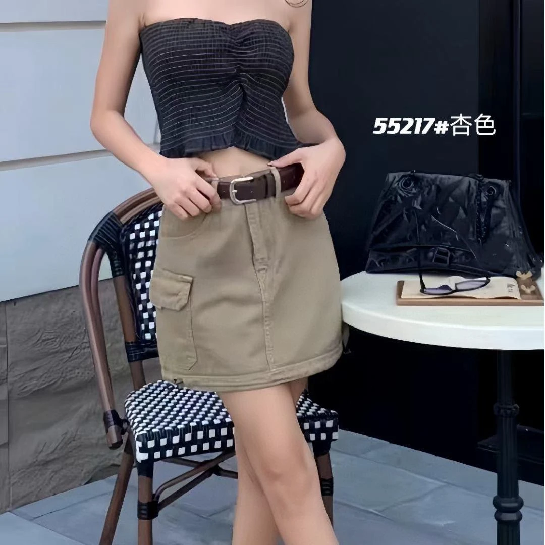 55217口袋工装牛仔短裙高腰显瘦美式复古小个子夏女