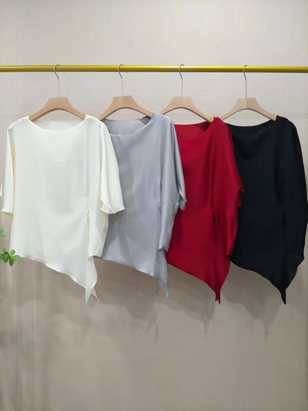 【Hua】86136夏季新款舒适亲肤宽松显瘦不规则系扣桑蚕丝圆领上衣