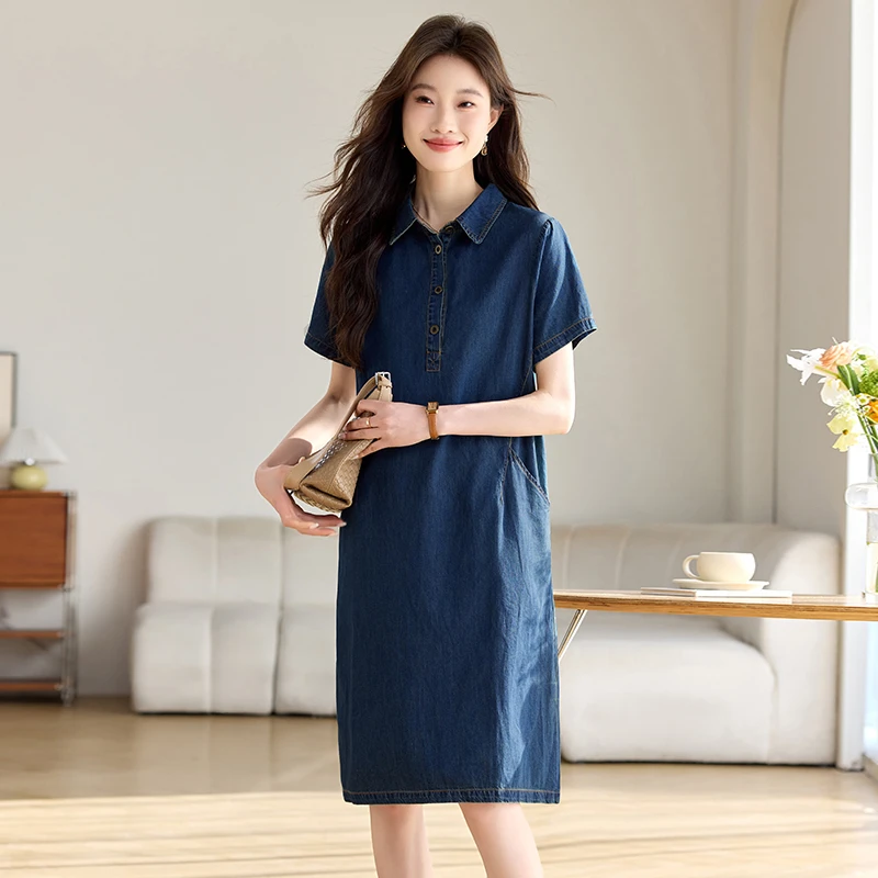 休闲复古短袖翻领牛仔连衣裙女夏2025年新款小个子遮肉衬衫裙子潮