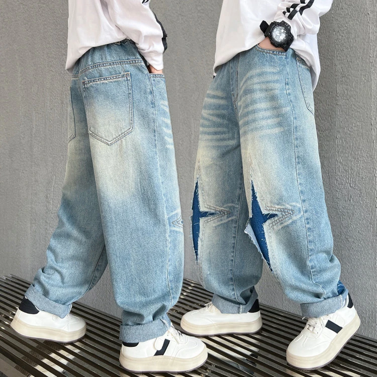 男童牛仔裤春秋款中通渐变贴布破洞百搭宽松儿童休闲裤洋气潮帅气