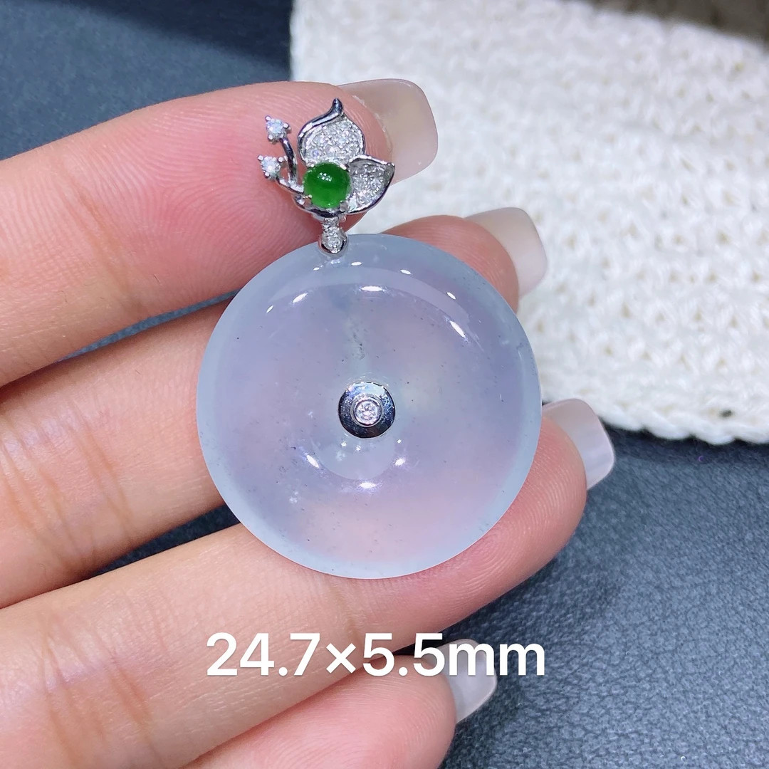 天然A货翡翠 老坑冰种18k白冰平安扣吊坠 玉质细腻 k91