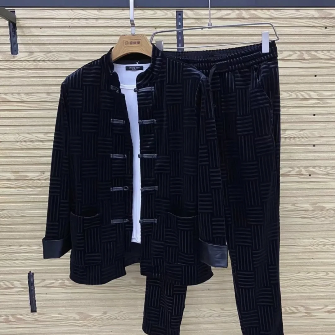 秋季金丝绒条纹套装盘扣立领唐装百搭时尚男装休闲高级百搭时尚