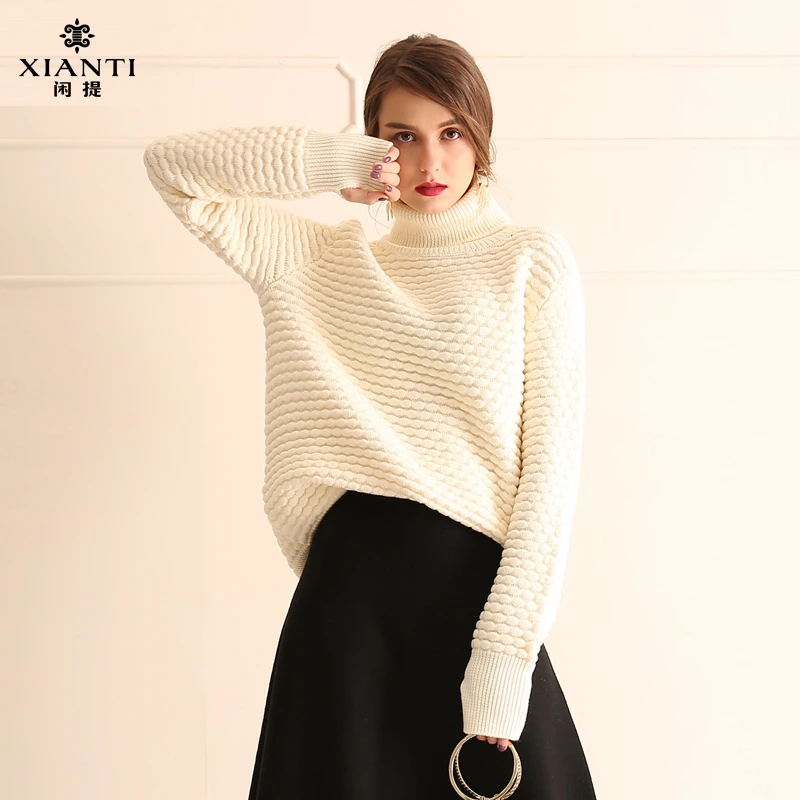 加厚套指袖羊毛衫女时尚高档百搭菠萝高领花宽松大毛衣XT6100553