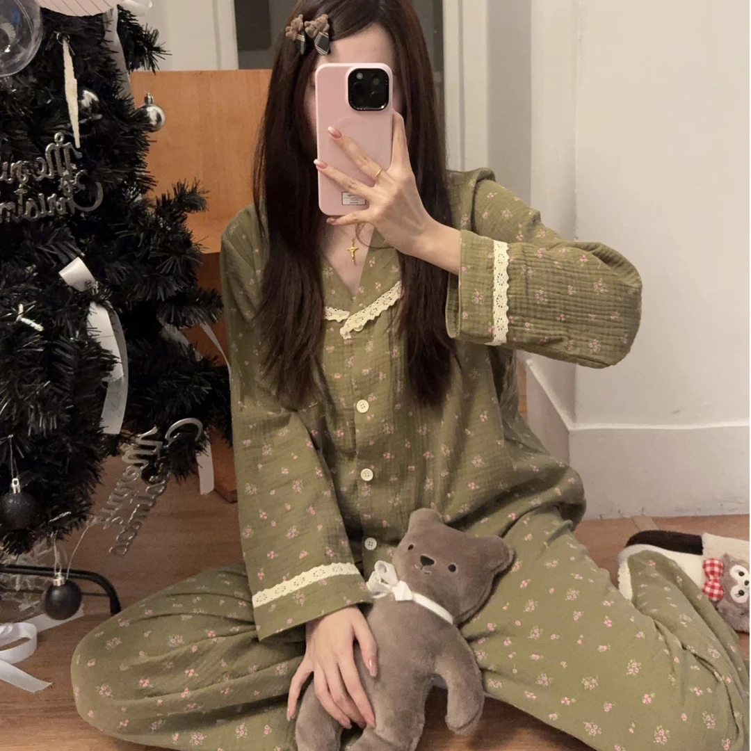 慵懒风宽松阔腿开叉小众花边拼接蕾丝全棉秋季家居服女款长袖睡衣