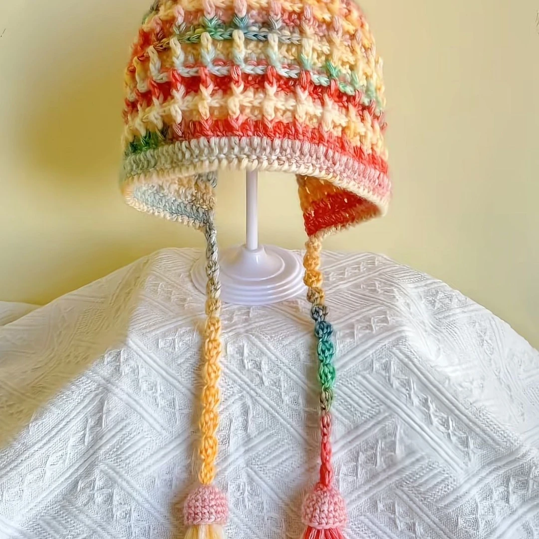 华夫格护耳帽手工编织diy材料包秋冬可爱钩织成人款渐变线