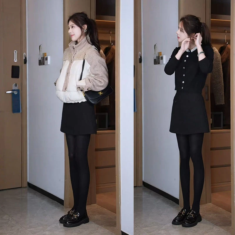 秋冬搭配一整套今年流行套装立领拼接撞色棉服针织开衫半身裙