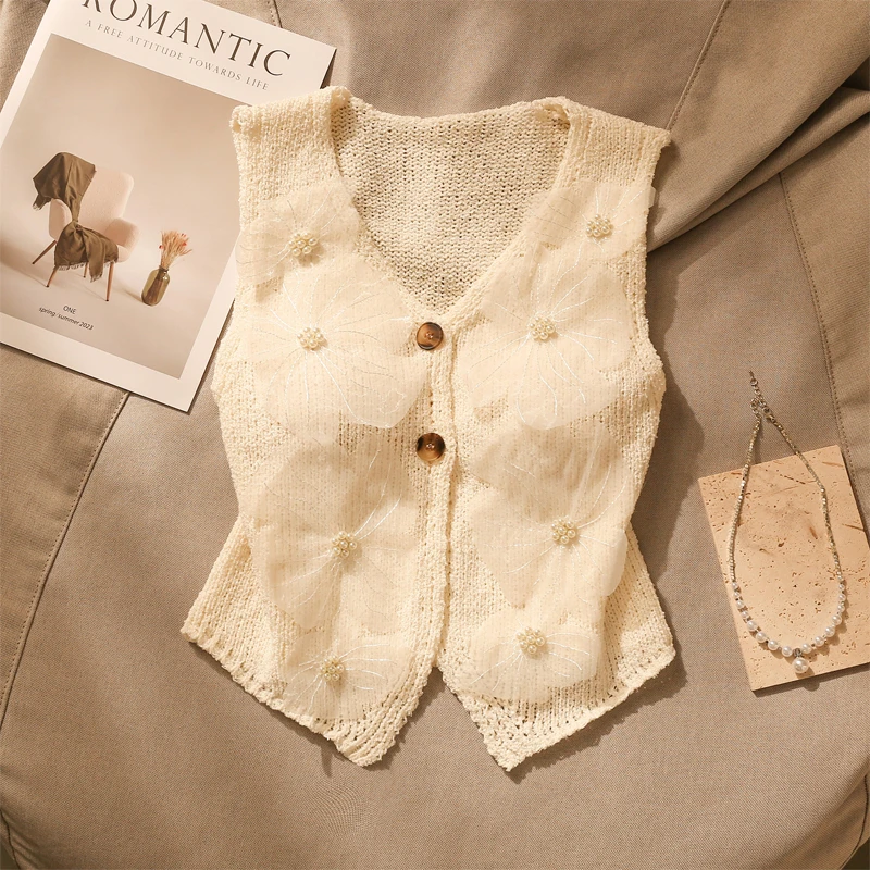 高级感花朵刺绣针织马甲背心女夏季新款气质休闲百搭内搭无袖上衣
