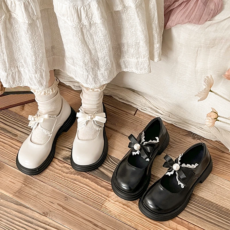 仙女风森系蝴蝶结浅口单鞋2025春季新款日系甜美圆头厚底小皮鞋女