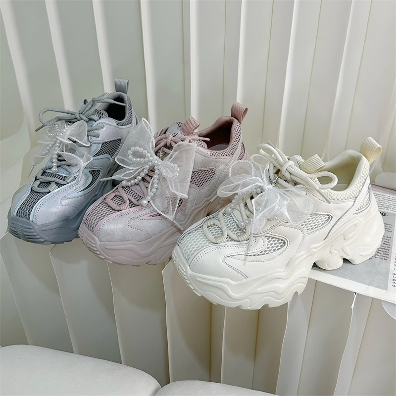 首谷5CM透气厚底老爹鞋女鞋2025夏季新款芭蕾风小个子休闲运动鞋