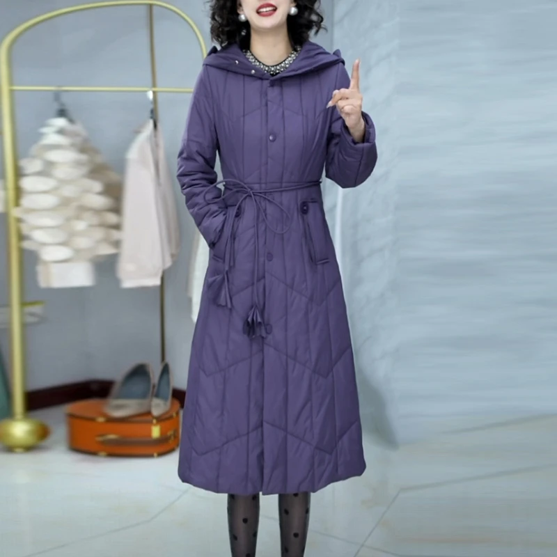 蓄热棉修身显瘦棉衣外套2025冬季新款紫色连帽中长款过膝保暖棉服